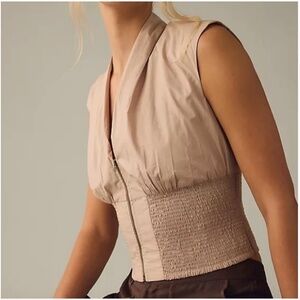 Maeve by Anthropologie Cream Zip Front Smocked Waist 100% Cotton Top Size Small